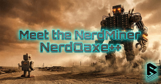 Cinematic banner showing a massive industrial robot towering over a small toy robot, symbolizing the power of the NerdQaxe++ miner. Neon cyan text reads 'Meet the NerdMiner NerdQaxe++' with the Bust-Down Books logo.