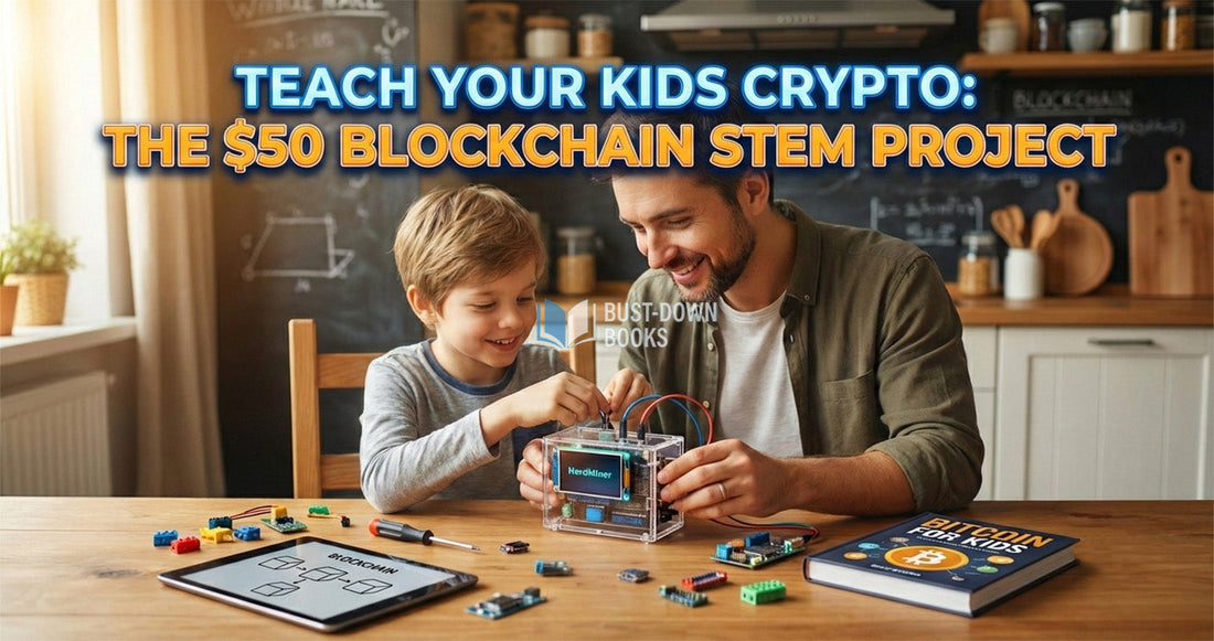 Man and child working on a blockchain STEM NerdMiner project with text overlay about teaching kids crypto and blockchain bonding projects for DIY mining that parents and children can share.