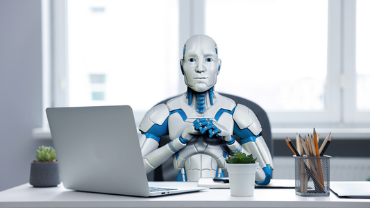 Humanoid robot sitting at a desk in front of a laptop appearing engaged and interested.