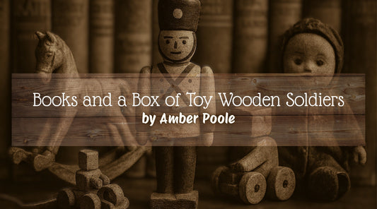 Old antique books in the backdrop with dolls, a rocking horse, toy soldier and nineteenth-century era books, toys and decor. 