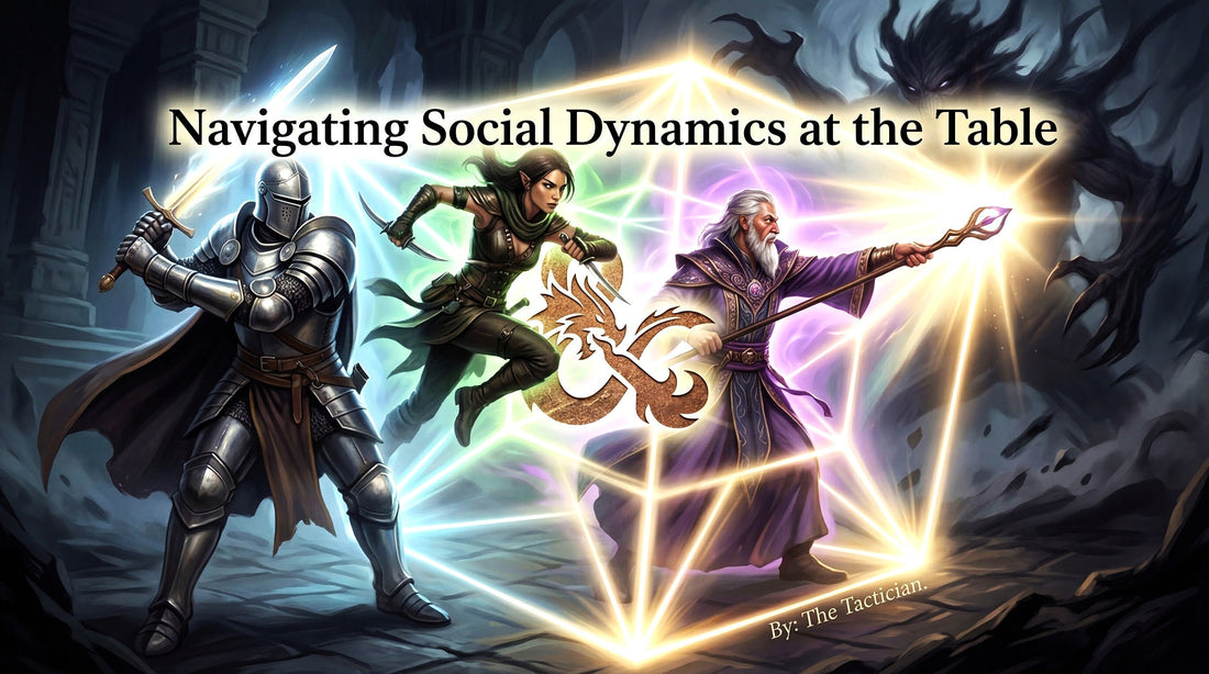 Official Dungeons & Dragons cover art for the Bust-Down Books blog article "The Psychology of the Party: Navigating Social Dynamics at the Table" by The Tactician. The illustration features a Dungeons & Dragons party (Knight, Rogue, Wizard) in action.