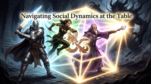 Official Dungeons & Dragons cover art for the Bust-Down Books blog article "The Psychology of the Party: Navigating Social Dynamics at the Table" by The Tactician. The illustration features a Dungeons & Dragons party (Knight, Rogue, Wizard) in action.