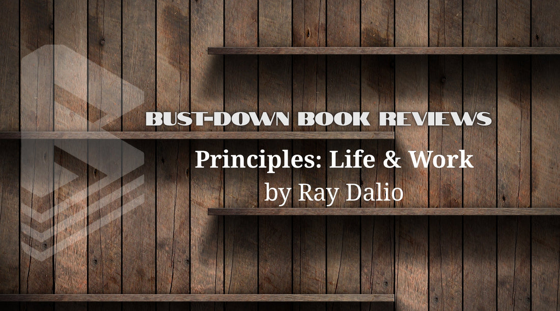 empty bookshelf featuring the text "Bust-Down Book Reviews" and "Principles: Life and Work by Ray Dalio" and the Bust-Down Books logo to the side of the wooden bookshelf.