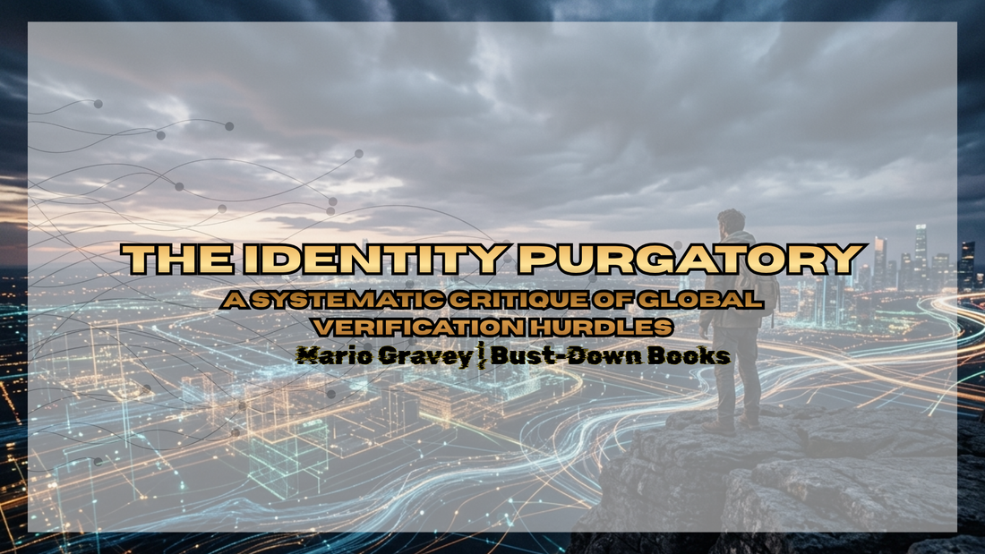 Cinematic landscape of a digital nomad standing on a rocky peak overlooking a glowing network of data streams and city skylines at twilight. The image features a text overlay: "THE IDENTITY PURGATORY" by Mario Garvey.
