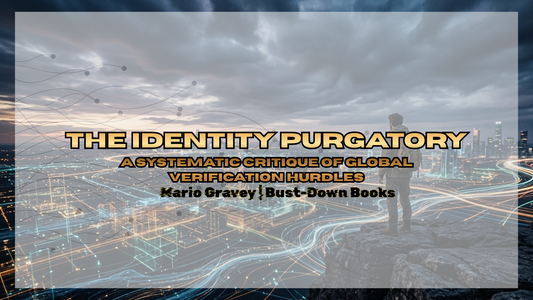 Cinematic landscape of a digital nomad standing on a rocky peak overlooking a glowing network of data streams and city skylines at twilight. The image features a text overlay: "THE IDENTITY PURGATORY" by Mario Garvey.
