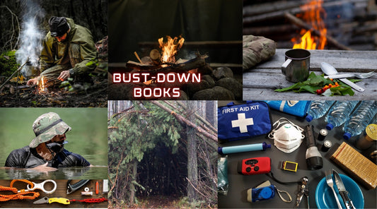 Collage of photos depicting several survival scenarios like a wilderness first-aid kit, a man coming up from a lake, a man building a fire, an outdoor campfire, a mini bunker hut built in boggy marsh land and tin coffee cup by a campfire outdoors.