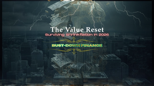 Uncertainty of the financial future with Shrinkflation and the title of the article "The Value Reset: surviving Shrinkflation in 2026" by Bust Down Finance centered in the middle overlaying the image.