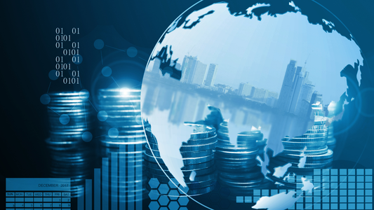 A blue tinted digital perspective of universal finance and global economic elements, presented in a digital fashion.