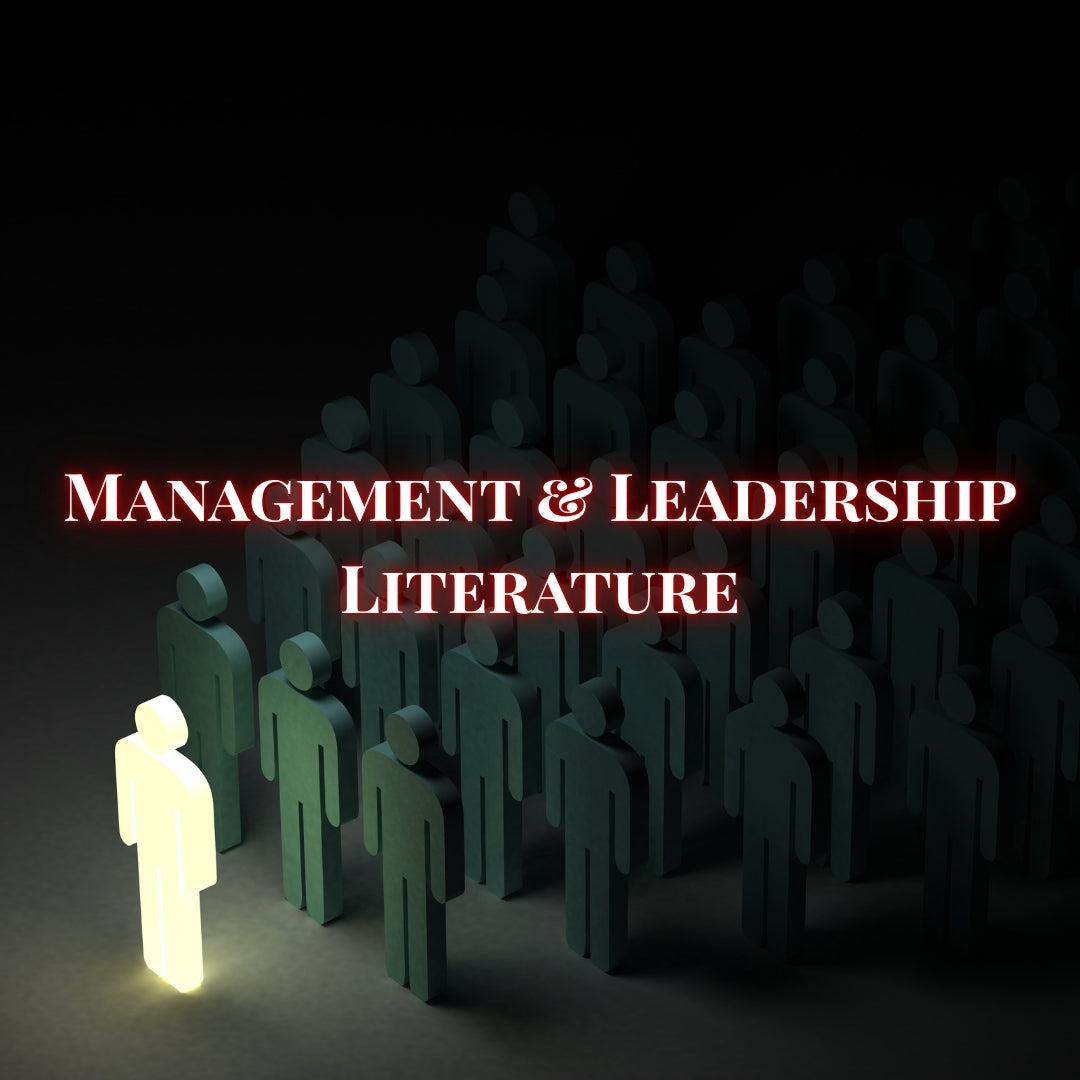 Symbolic image of silhouette figures of a leader at the front of the tem, symbolizing the significance of leadership. Featuring text that reads Management and Leadership Literature and Executive Corporate, Entrepreneur Bust-Down Books, Book Collection.
