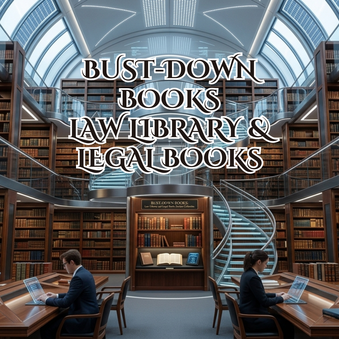 Futuristic law library with legal books and people working on hologram laptops.