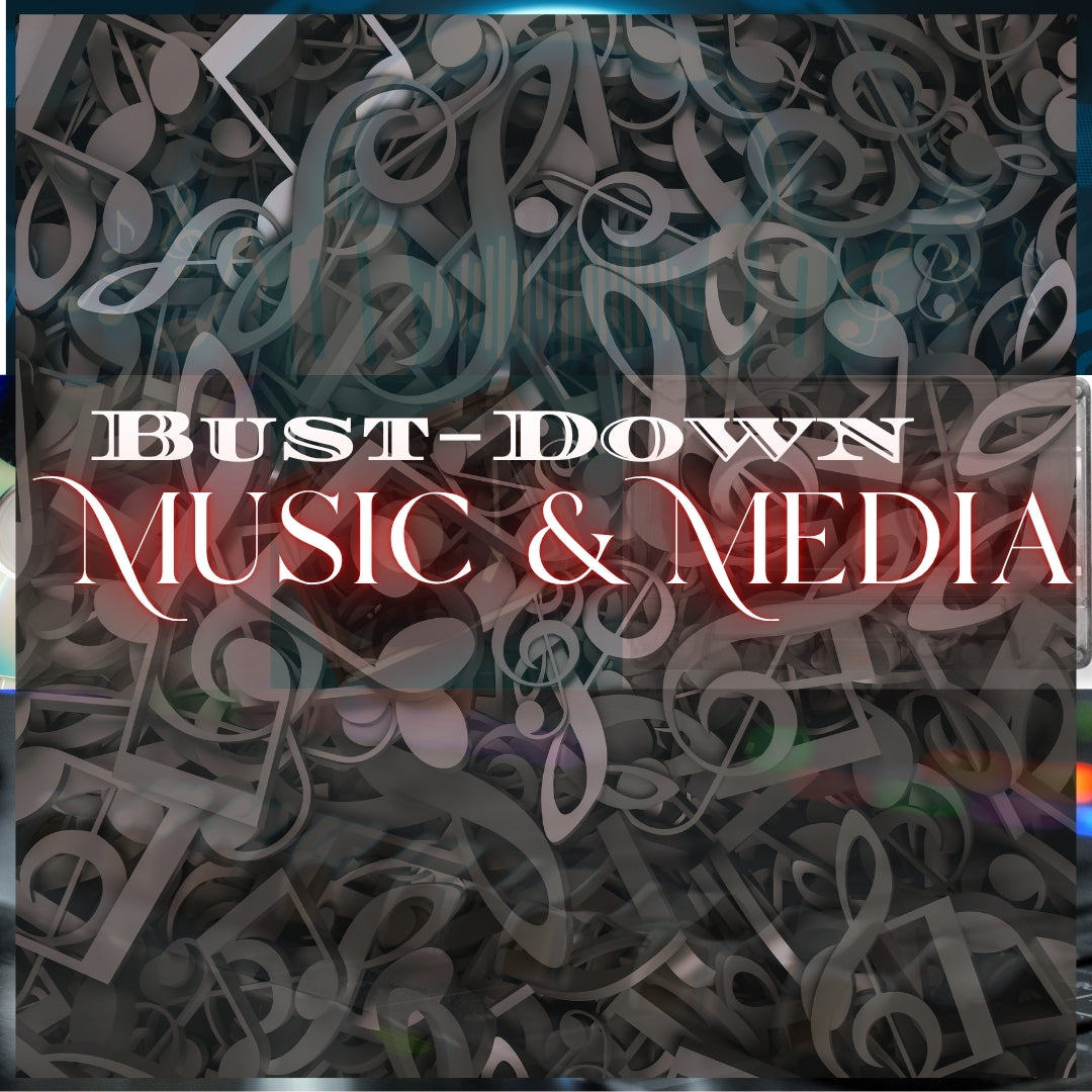 Musical elements from new digital players to vintage cd, lp and cassette with musical notes for Bust-Down Music and Media Collection