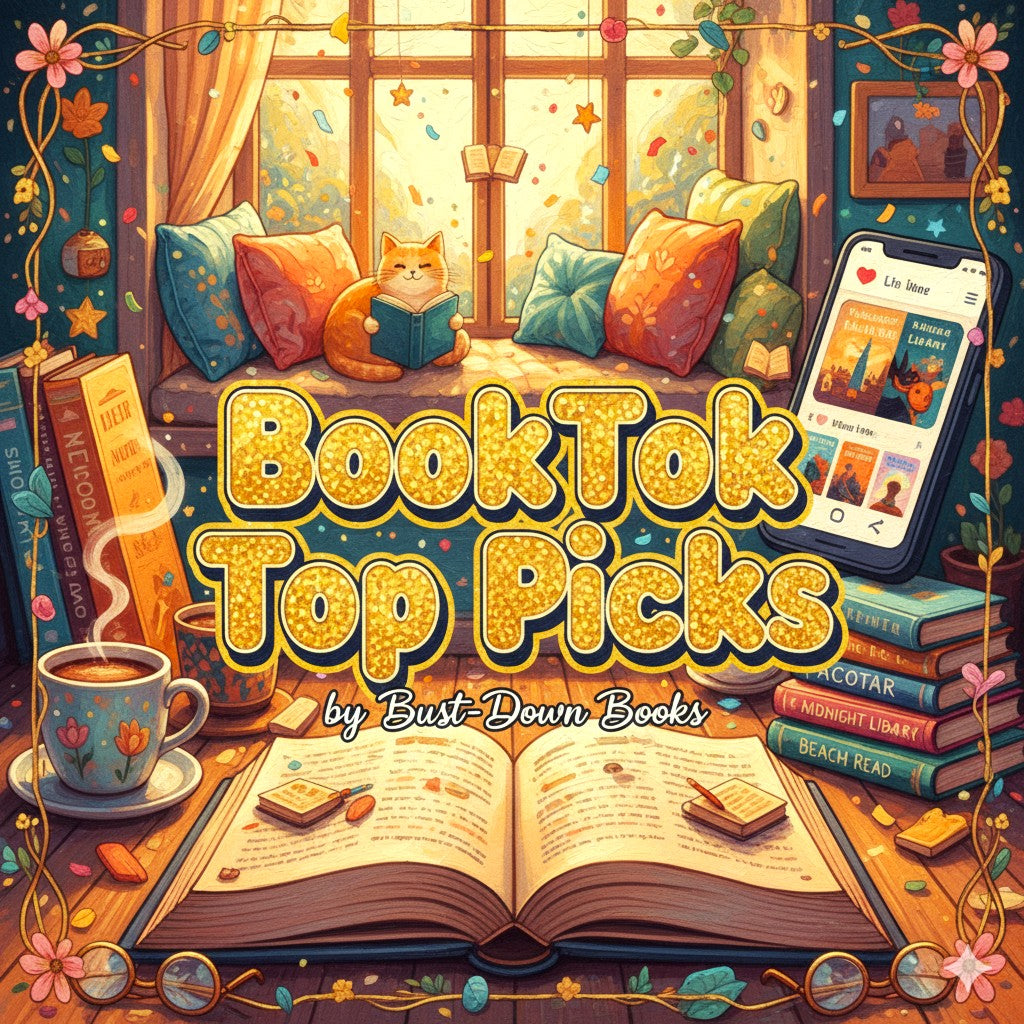 Cat reading a book in a library reading room surrounded by the top, trending and popular BookTok sensation novels and books. A collection cover by Bust-Down Books.