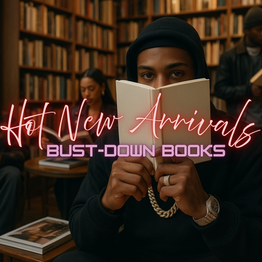 Man reading book in Bust-Down Bookstore. Cover of the Bust-Down Books "Novel New Arrivals: Hot New Books on Bust-Down" Book Section.