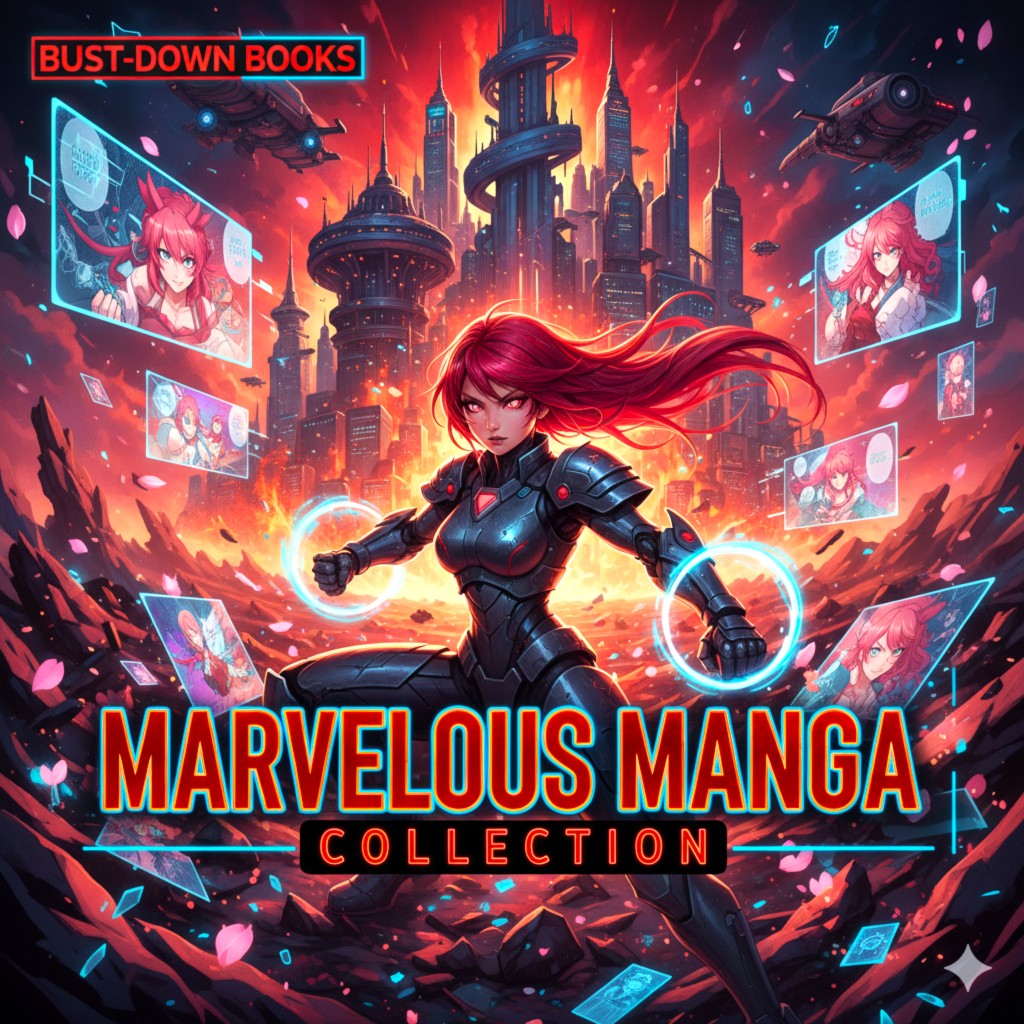 Graphic novel cover art for the Marvelous Manga Collection. Features two distinct character designs: a young, energetic, red-haired shonen protagonist and a mature, dark-toned seinen warrior.