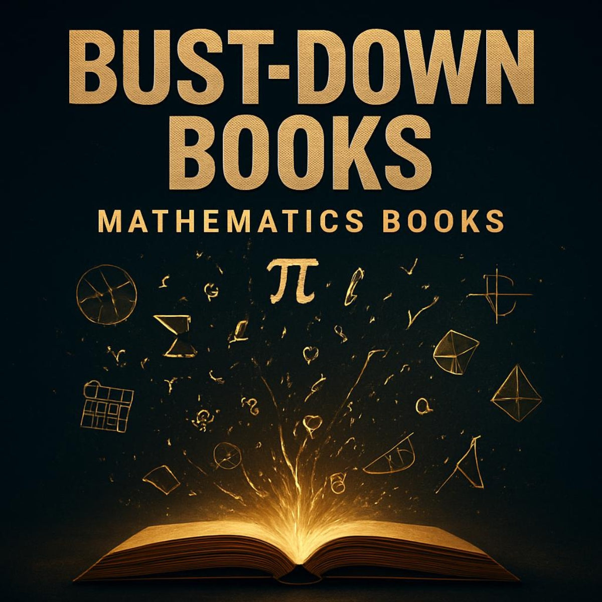 Bust-Down Books Mathematics Books Collection cover art with an open book on a table and powerful numeric and mathematical symbols magically rising up from the inside of the book. The symbol for Pi is boldly positioned in the middle. 