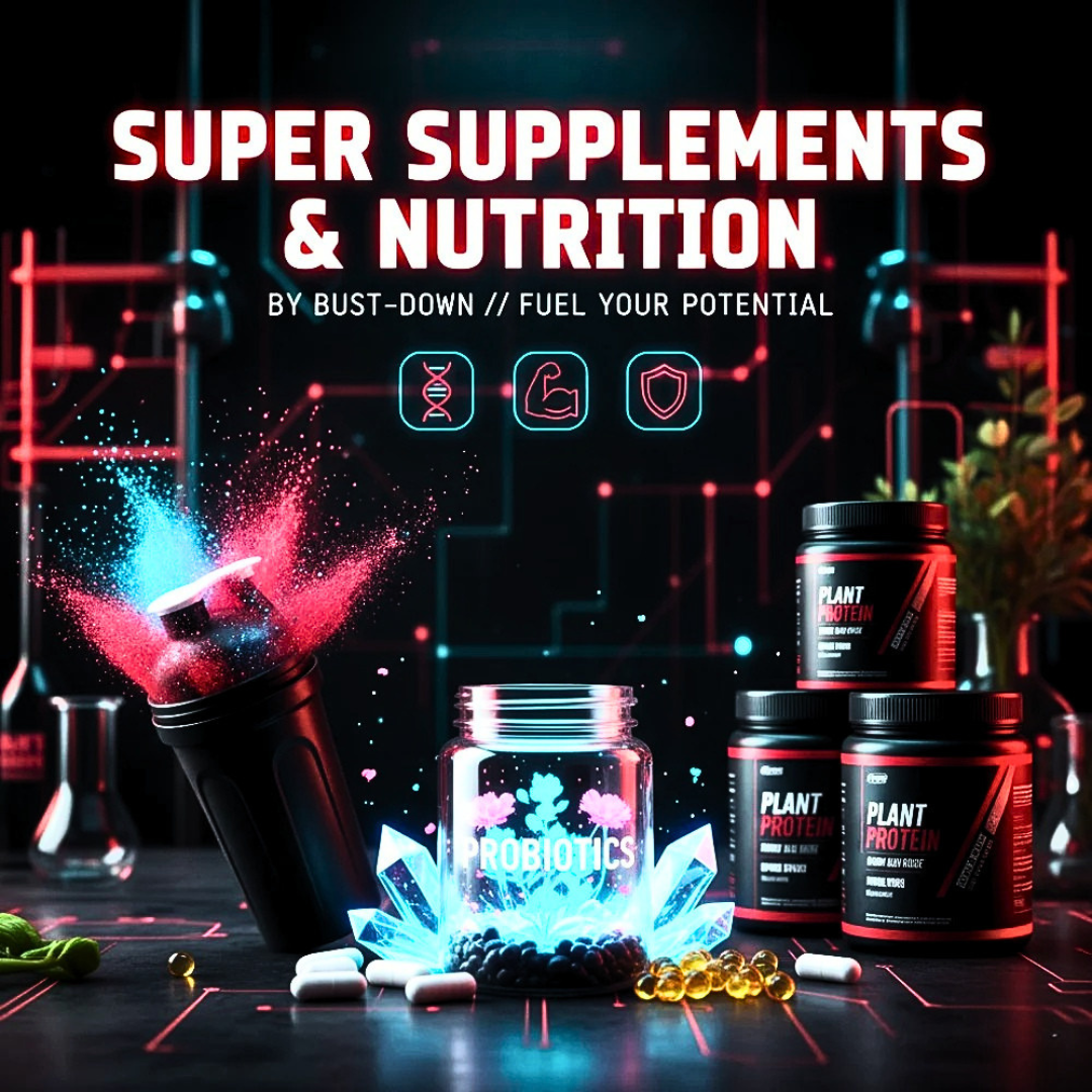 Collection of various supplements, amino acids, and protein shaker cups. Text Reads: Bust-Down Super Supplements & Nutrition. Featuring assorted health and wellness items displayed together with healthy fruits and vegetables.