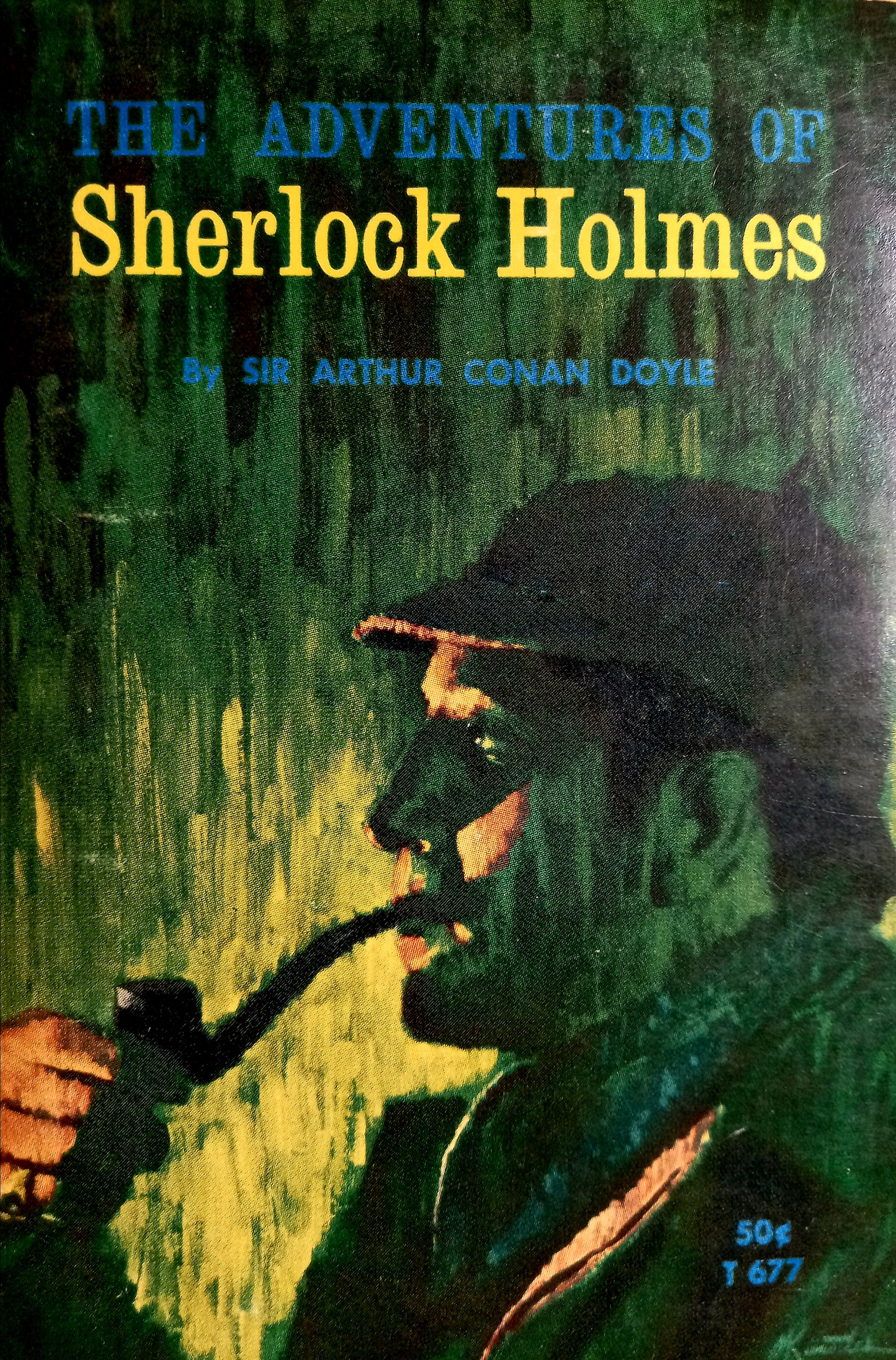 Cover of 'The Adventures of Sherlock Holmes' by Arthur Conan Doyle featuring an illustration of Sherlock Holmes in a green tinted background.