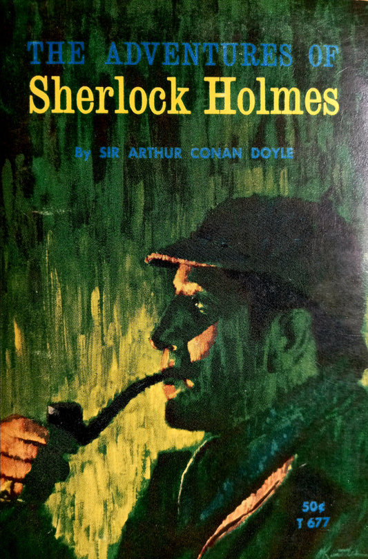 Cover of 'The Adventures of Sherlock Holmes' by Arthur Conan Doyle featuring an illustration of Sherlock Holmes in a green tinted background.