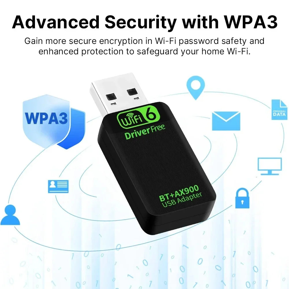 USB adapter with WPA3 security feature on a light blue background
