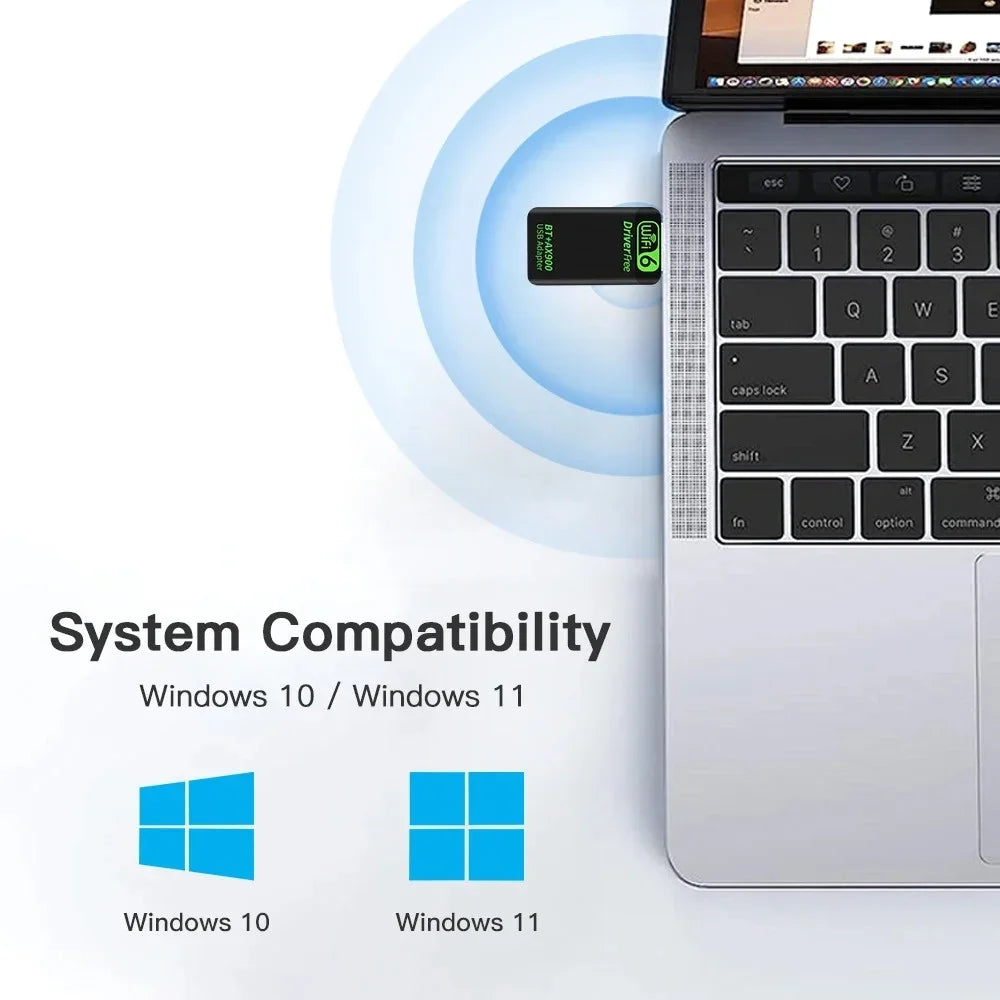 Laptop with a USB device on a white background, indicating system compatibility with Windows 10 and Windows 11.