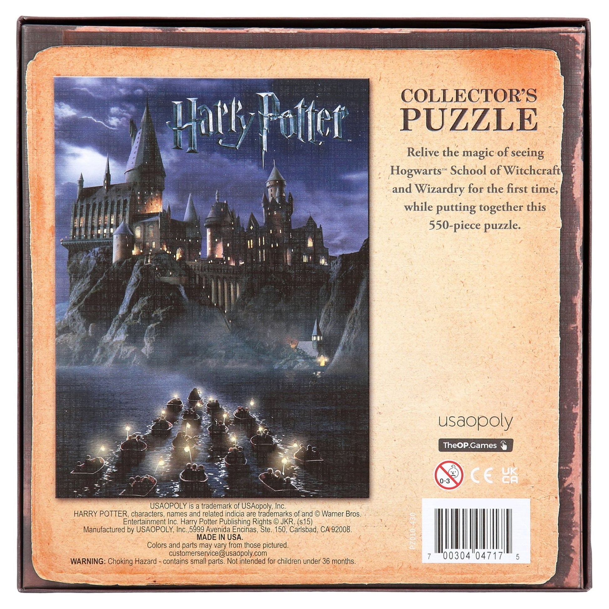 Back of box for 'Harry Potter World (550) Piece Jigsaw Puzzle: Hogwarts School' showing puzzle details.