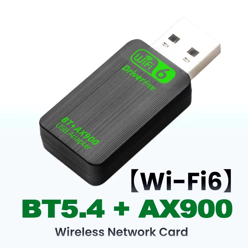 USB adapter with Wi-Fi 6, BT 5.4, and AX900 specifications on a white background