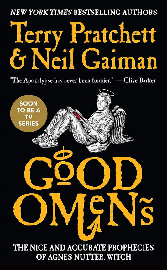 Book cover of 'Good Omens' by Terry Pratchett and Neil Gaiman with a black background and angel illustration.