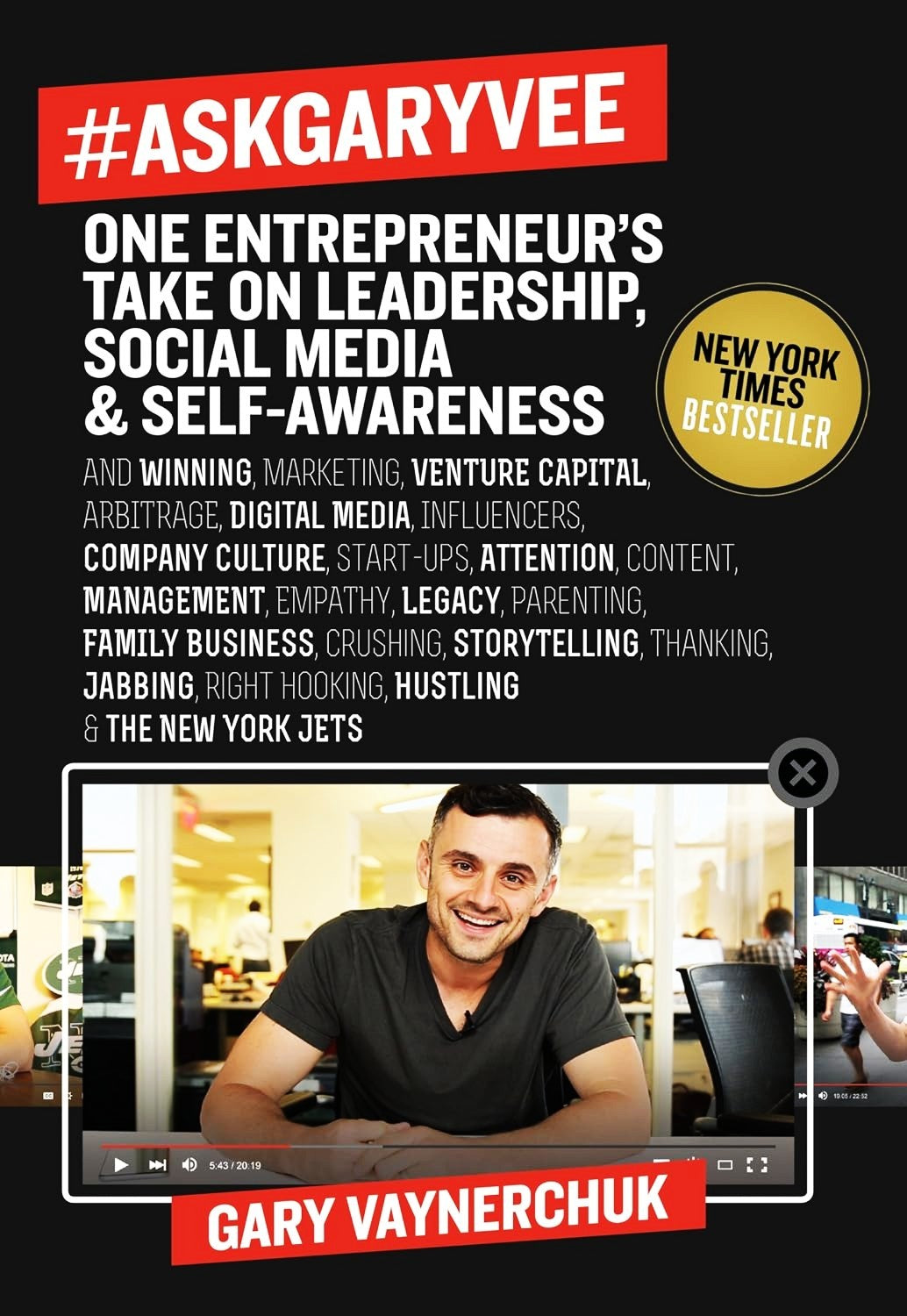 Book cover of '#AskGaryVee' by Gary Vaynerchuk with a video player and a photo of the author.