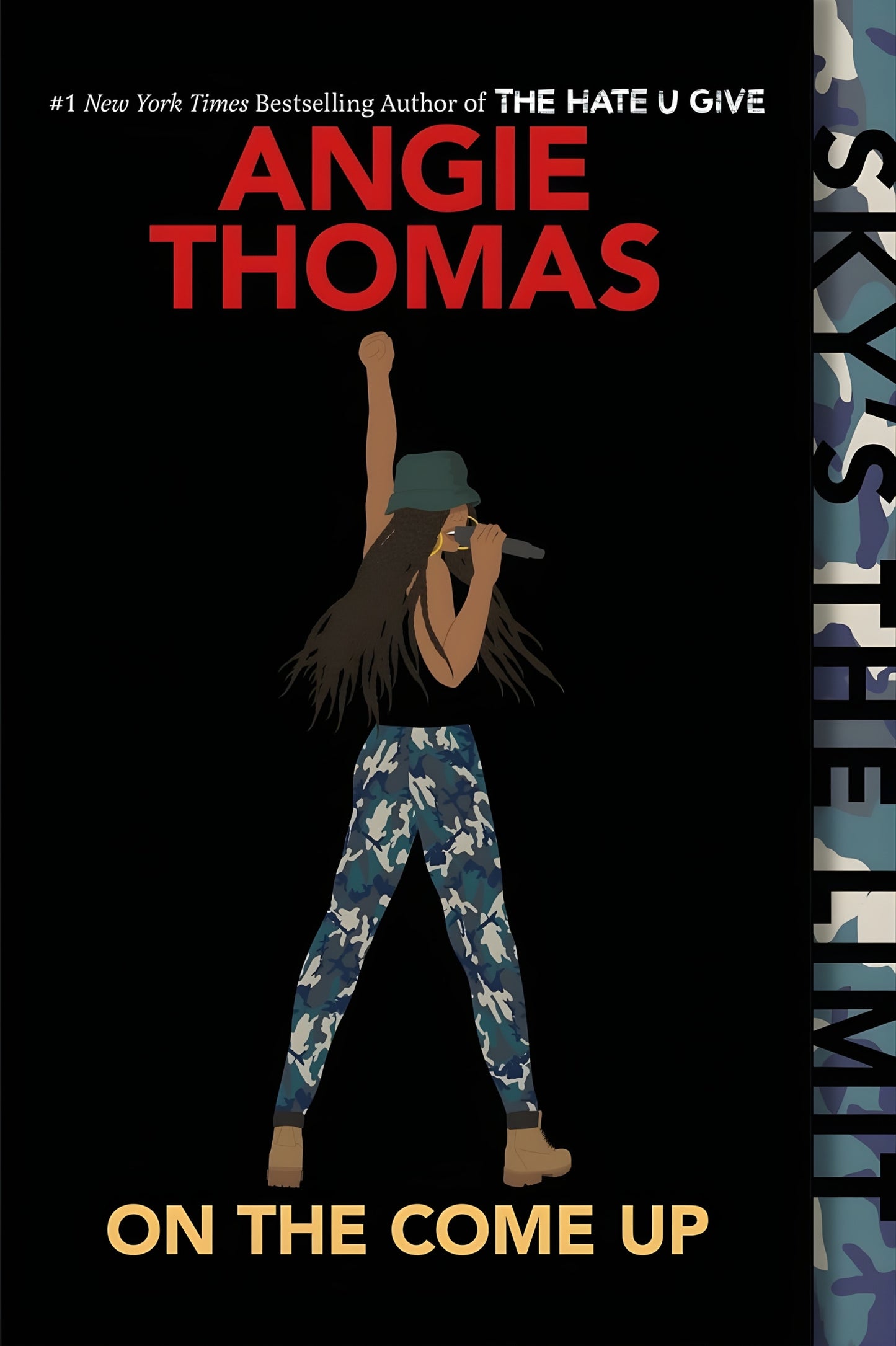 Book cover of 'On the Come Up' by Angie Thomas with a silhouette of a person and camouflage pants.