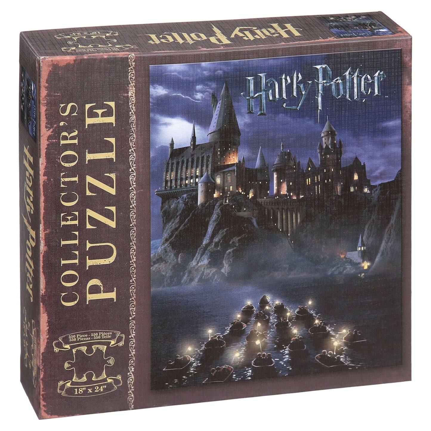 A 550-piece jigsaw puzzle box featuring Hogwarts School from the Harry Potter series, with an image of the castle at night with lights on the foreground.