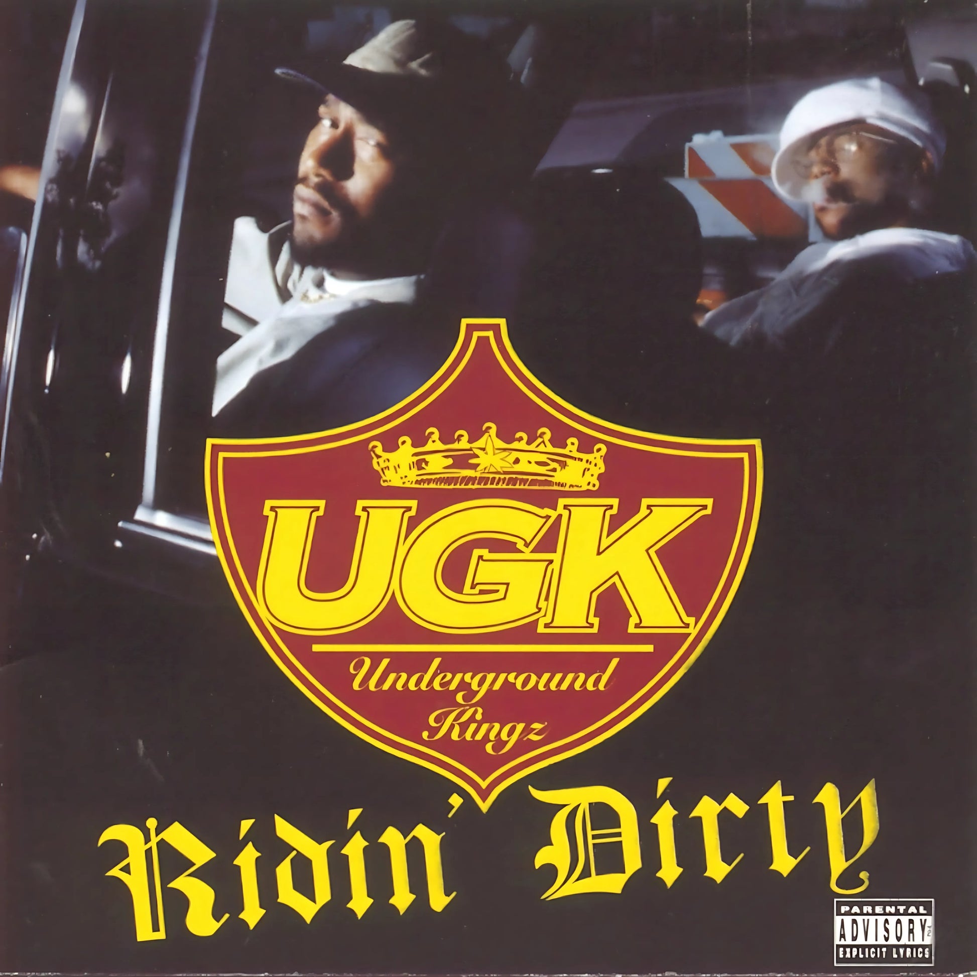 CD album cover for 'Ridin' Dirty' by UGK featuring a graphic design with the UGK logo and the title text in stylized fonts, set against a dark background with two members of UGK posing in a car.