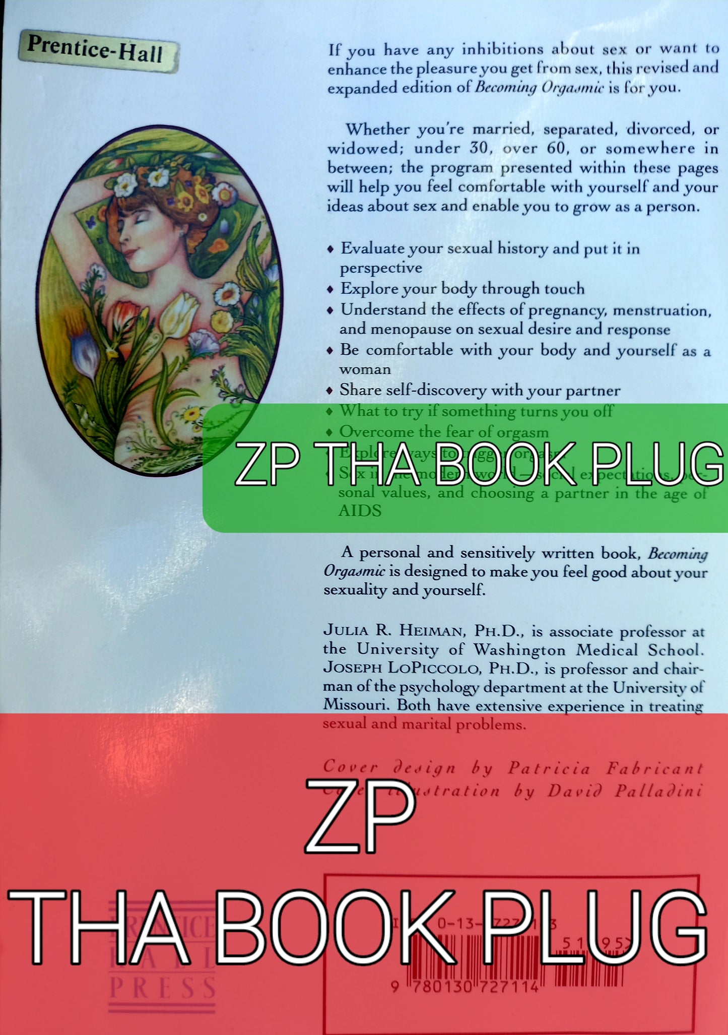 Image features the book back cover of the book "Becoming Orgasmic" by Julia Heiman, PhD, and Joseph Lopiccolo, PhD. The cover design features book description and scannable barcode with an illustration and publisher branding.