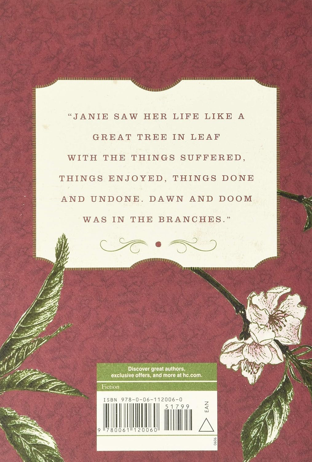 Book back of "Their Eyes Were Watching God" by Zora Neale Hurston, book back cover with quote, ISBN number, barcode and floral pattern from front continuing and closing.