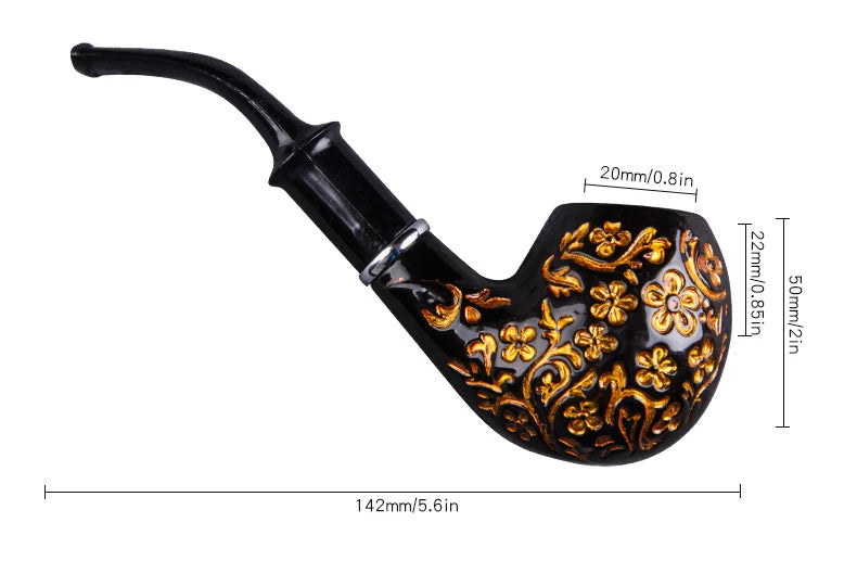 Decorative smoking pipe with floral patterns and measurements on a white background
