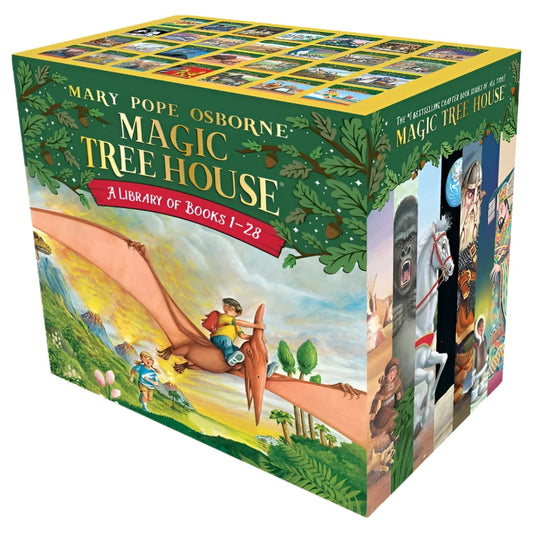A boxed set of 'Magic Tree House' books by Mary Pope Osborne, featuring illustrated covers of two children and historical figures.
