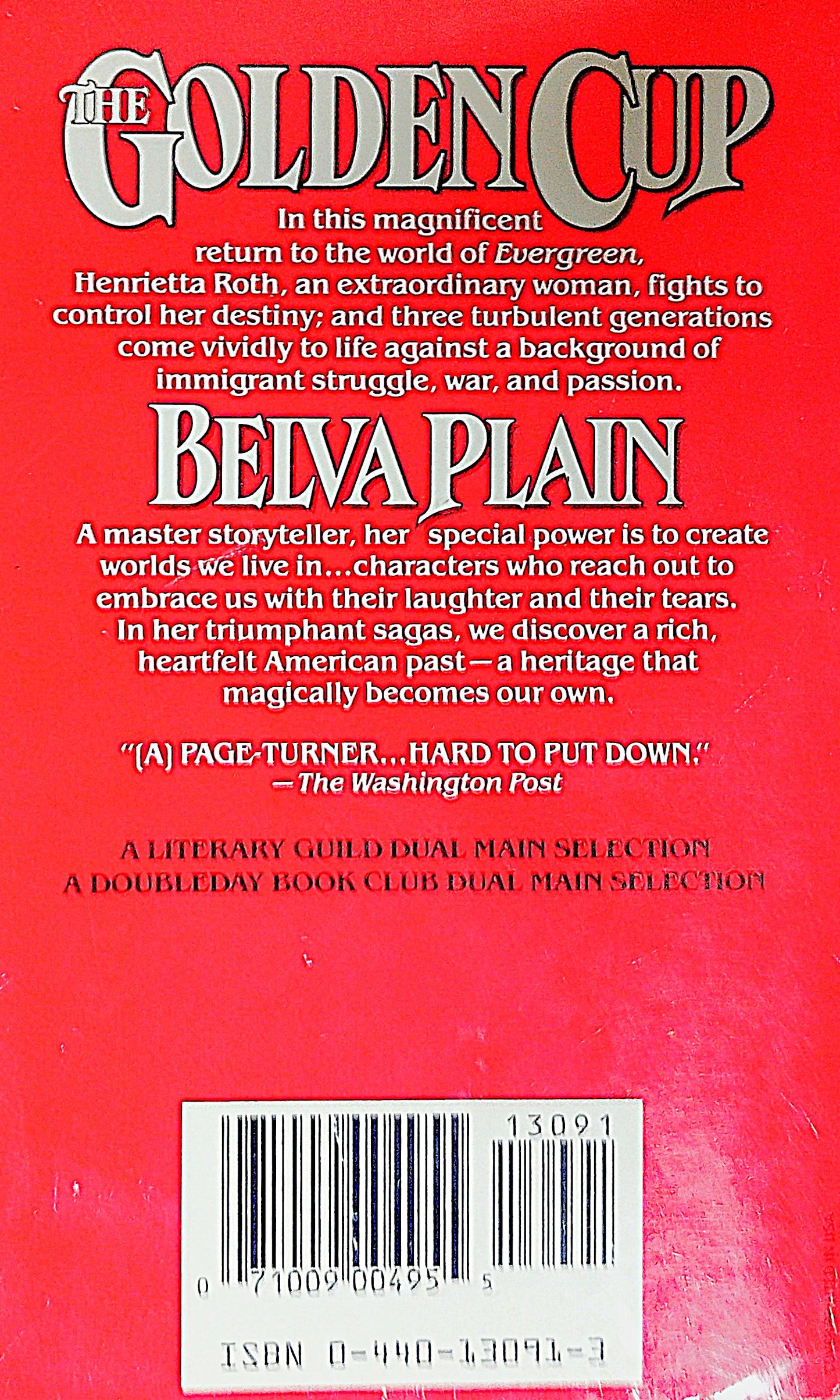 Back cover of book 'The golden Cup: A Novel' by Belva Plain with book data, red background, and black over gold text.