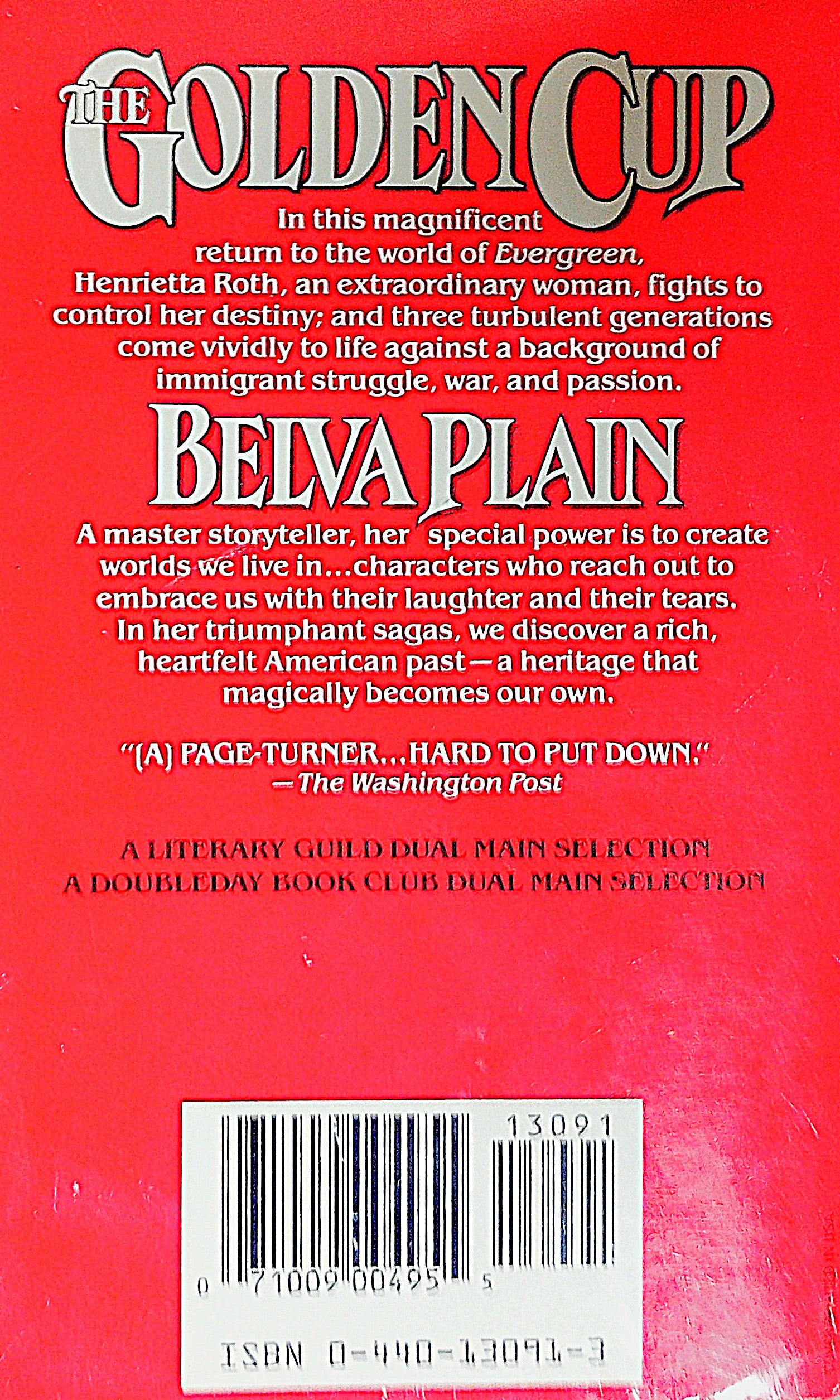 Back cover of book 'The golden Cup: A Novel' by Belva Plain with book data, red background, and black over gold text.
