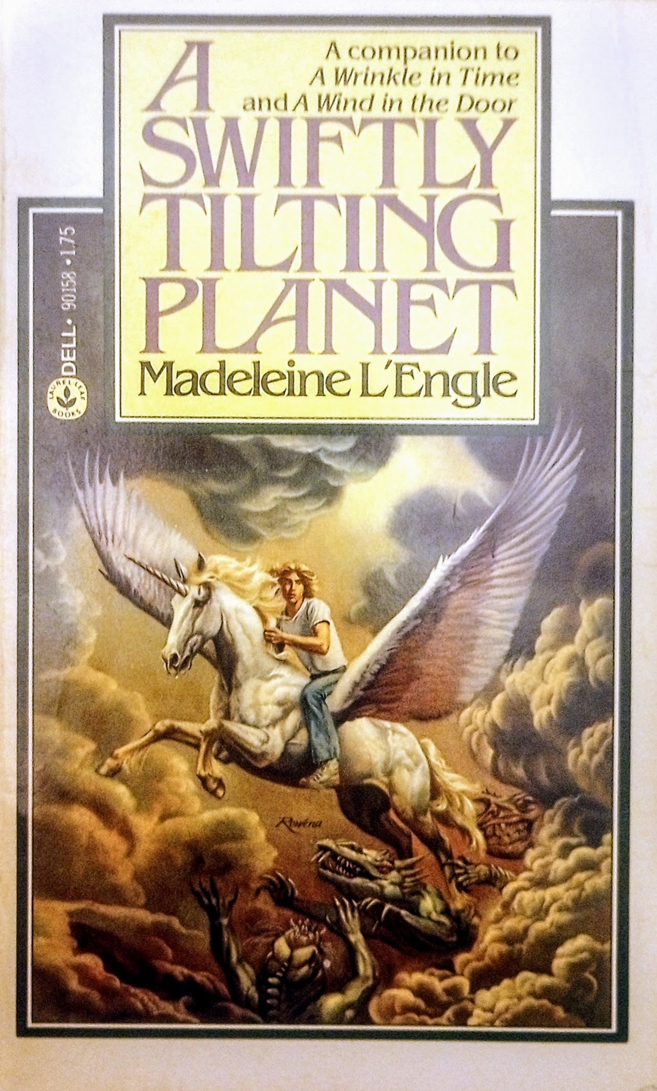 Book cover of 'A Swiftly Tilting Planet' by Madeleine L'Engle featuring a winged horse and creatures threatening from below.