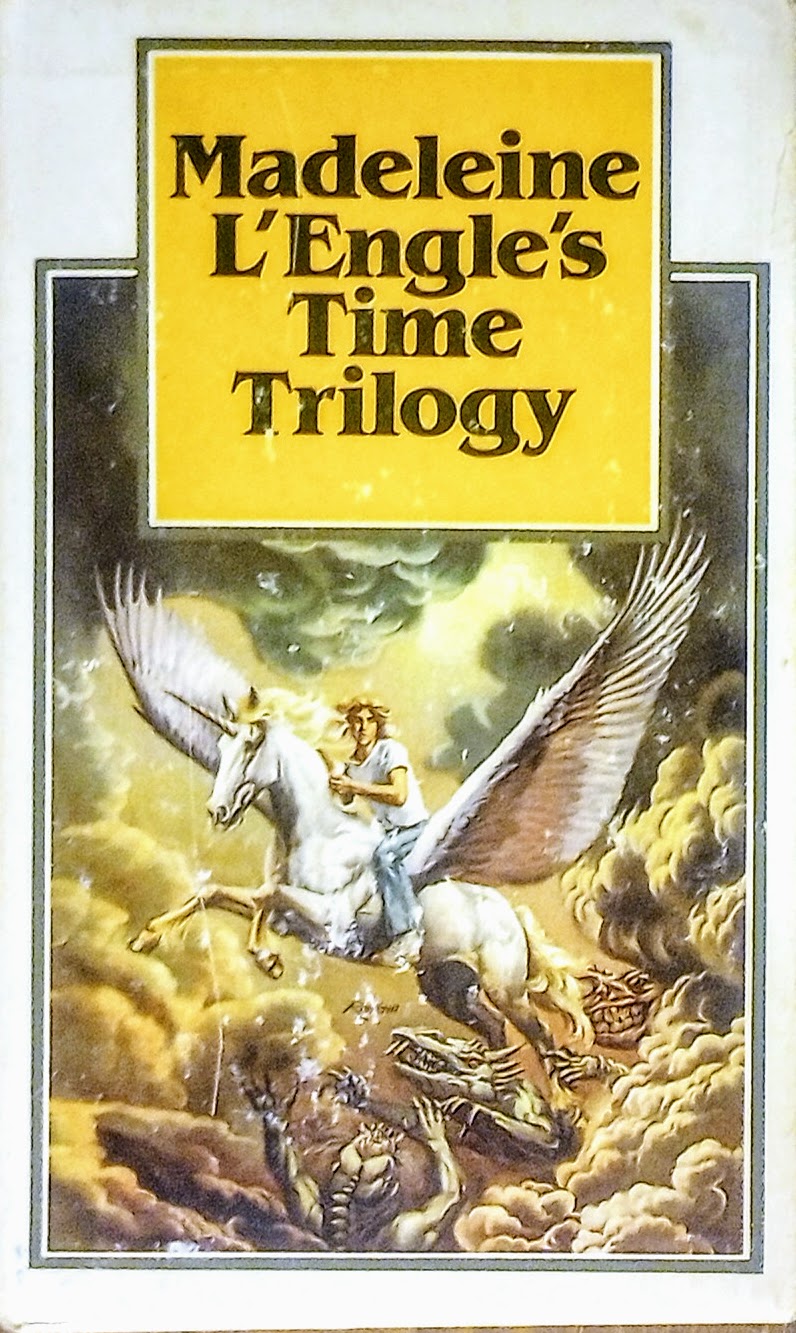 Book cover of Madeleine L'Engle's Time Trilogy Box Set featuring a person riding a winged horse in clouds.