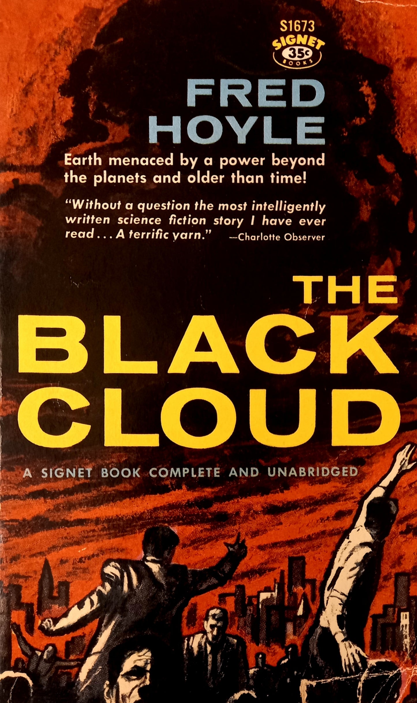 Cover of 'The Black Cloud' by Fred Hoyle, featuring a cityscape with people running and a title that includes 'Signet Book Complete and Unabridged'.