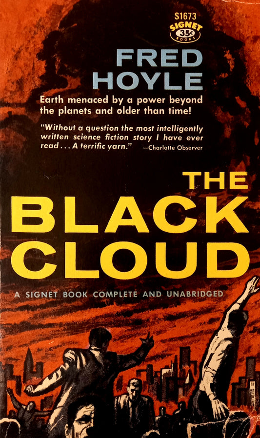 Cover of 'The Black Cloud' by Fred Hoyle, featuring a cityscape with people running and a title that includes 'Signet Book Complete and Unabridged'.