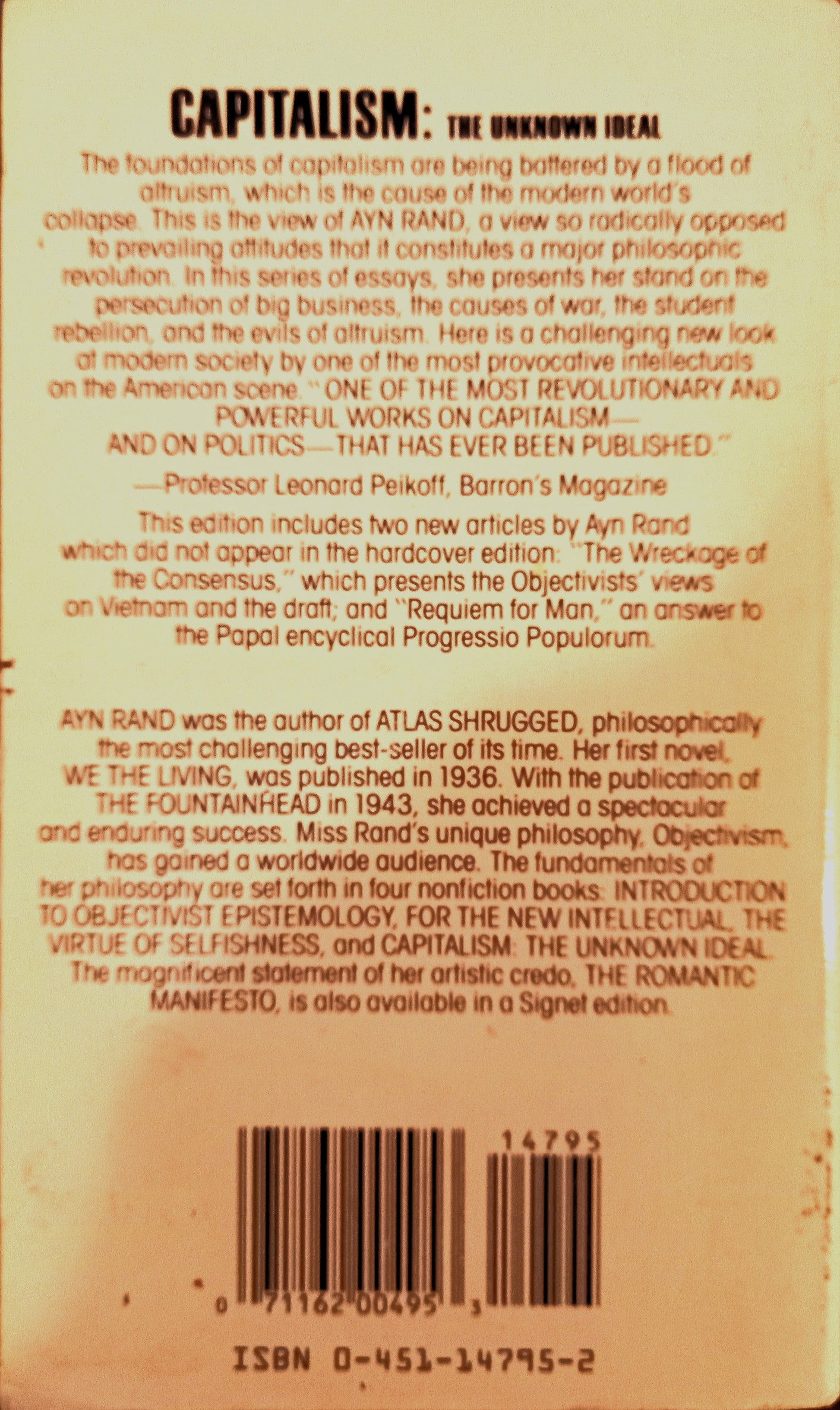 Book back cover of the book 'Capitalism: The Unknown Ideal' by Ayn Rand, featuring ISBN number, barcode, title, synopsis and author Ayn Rand writer biography.