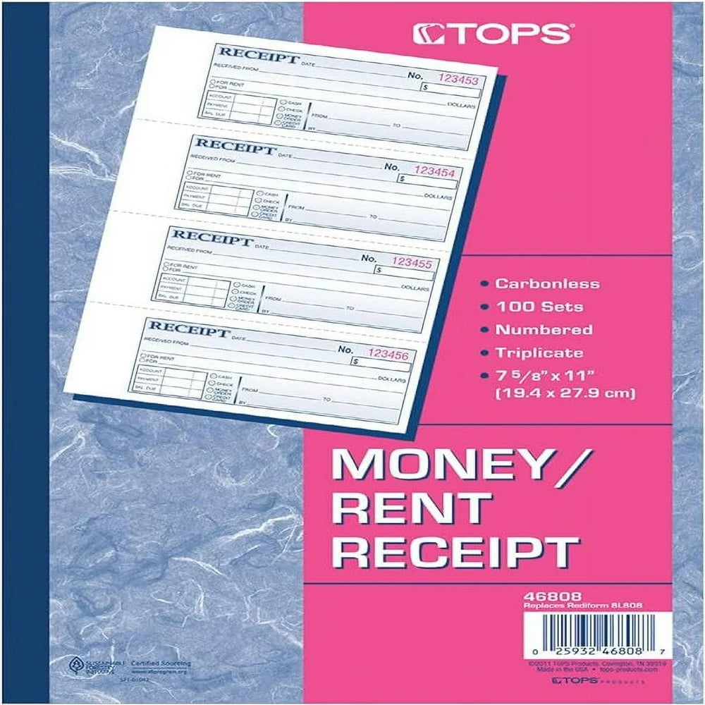 Money/Rent Receipt Book, 3-Part, Carbonless, 11 X 7-5/8 Inches, 4 Receipts/Page, 100 Sets per Book, 10 Books per Pack