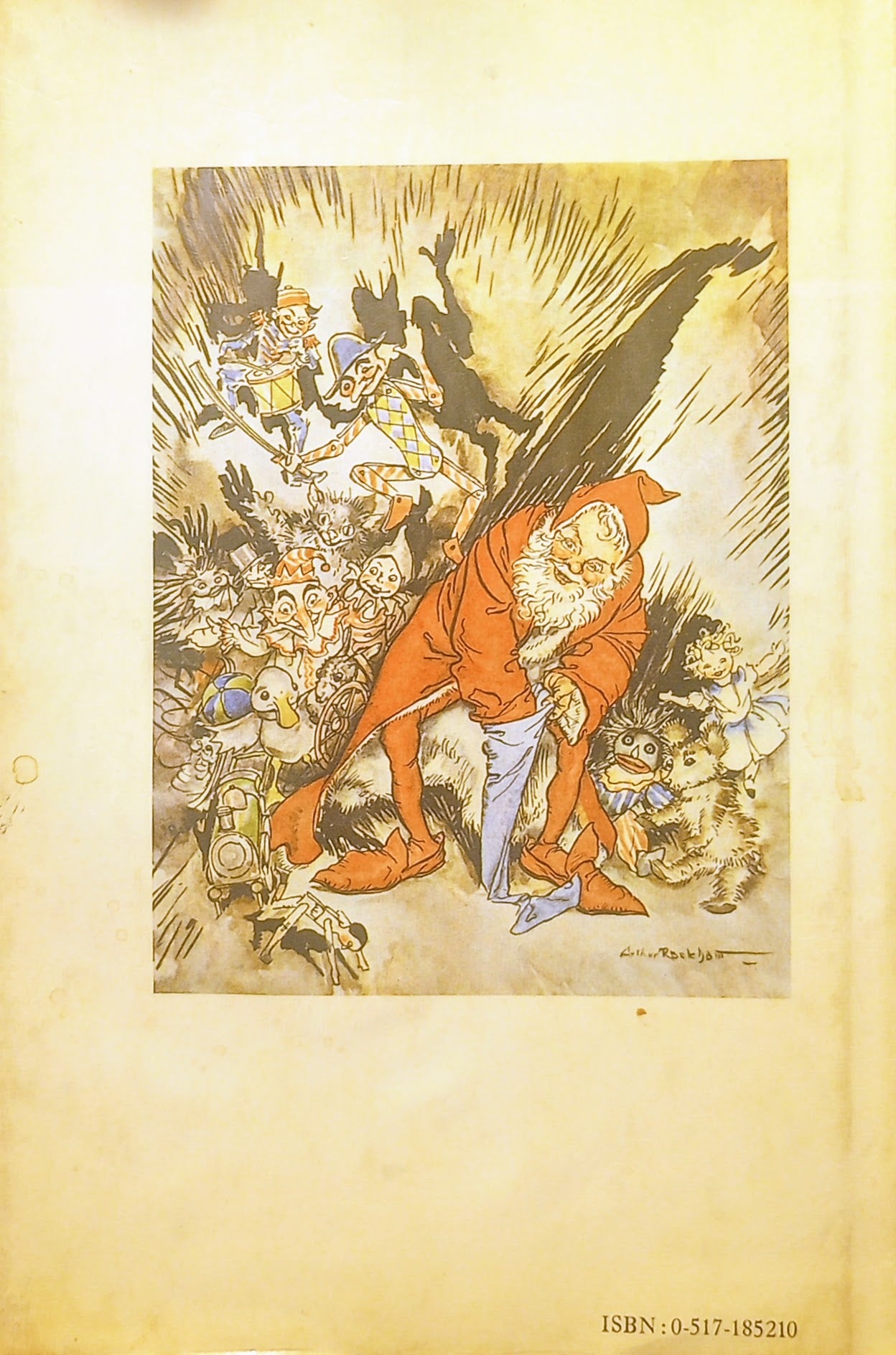 Illustration of a Santa in his suit with toys all around him and action in the background