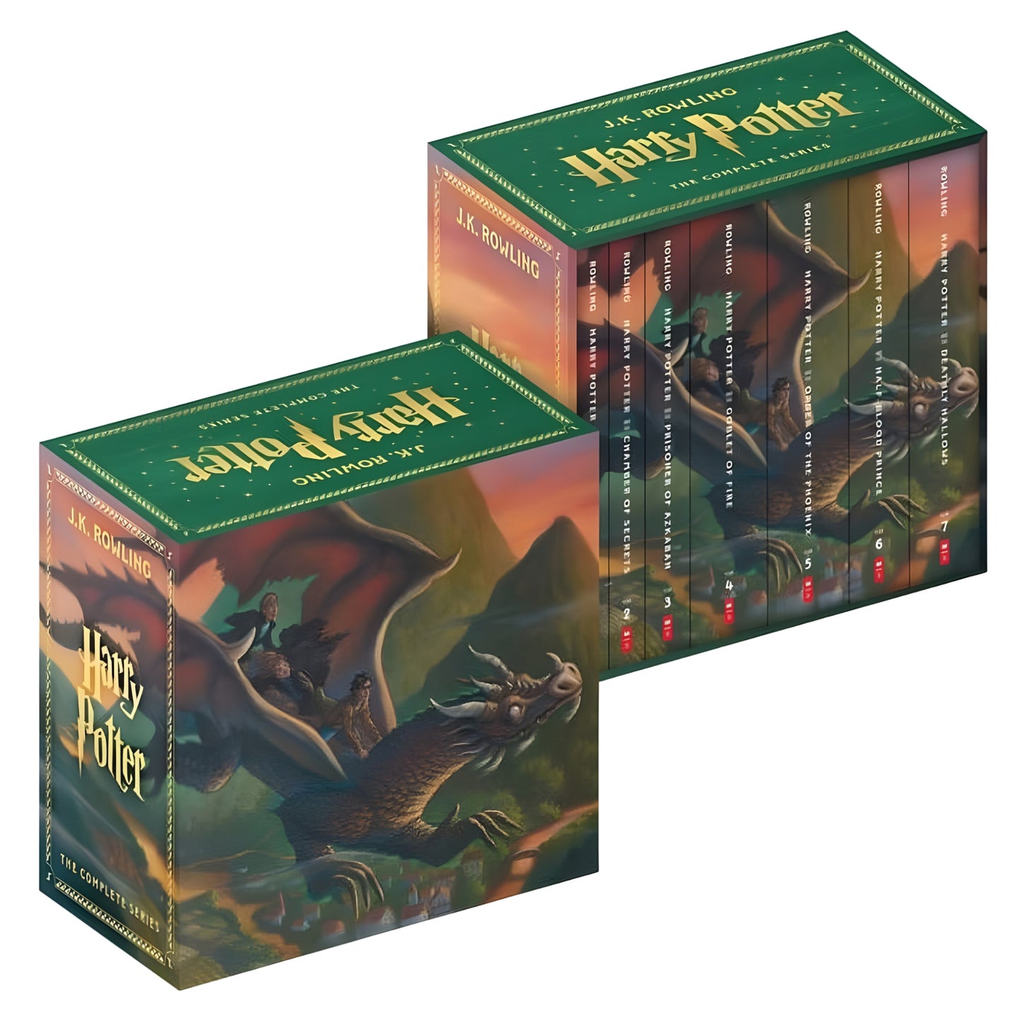 Two boxes of 'Harry Potter' books with dragon illustrations on a white background