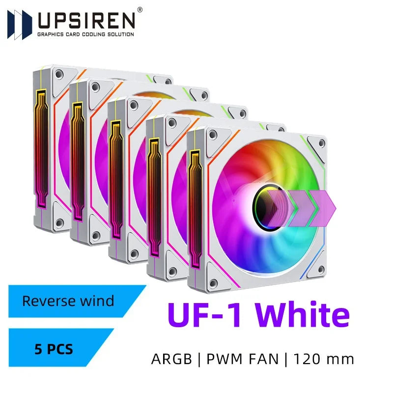 Set of five graphics card cooling fans with RGB lighting on a white background.