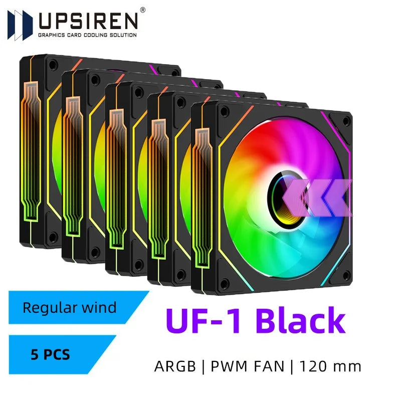 Set of five graphics card cooling fans with RGB lighting on a white background.