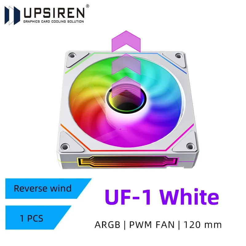 Colorful graphics card reverse wind computer cooling fan with RGB lighting on a white background.