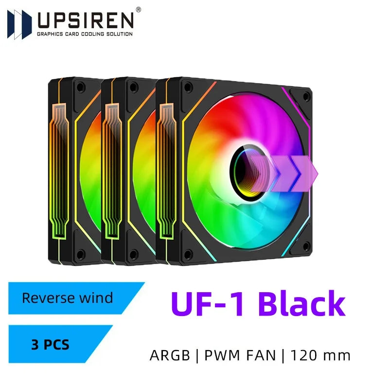 Graphics card cooling uf-1 black model argb pwm fan set of 3 cool solution with RGB fan and heat sinks on a white background