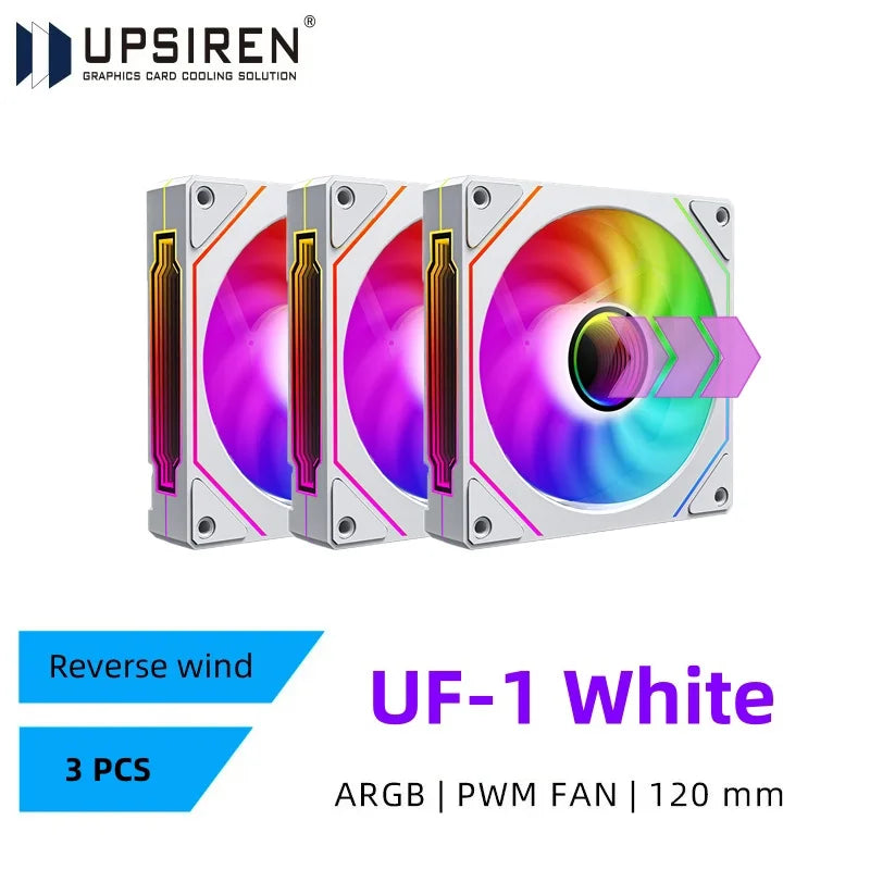 Three graphics card reverse wind fan cooling fans with RGB lighting on a white background.